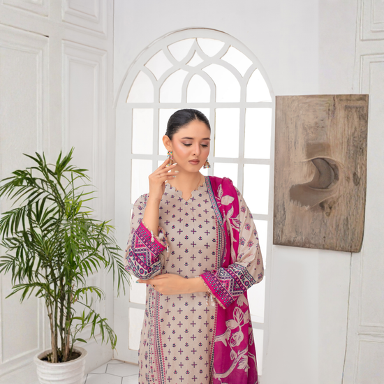 Popus by MGM Textiles – Magenta Bloom Stitched 3-Piece Printed Lawn Suit