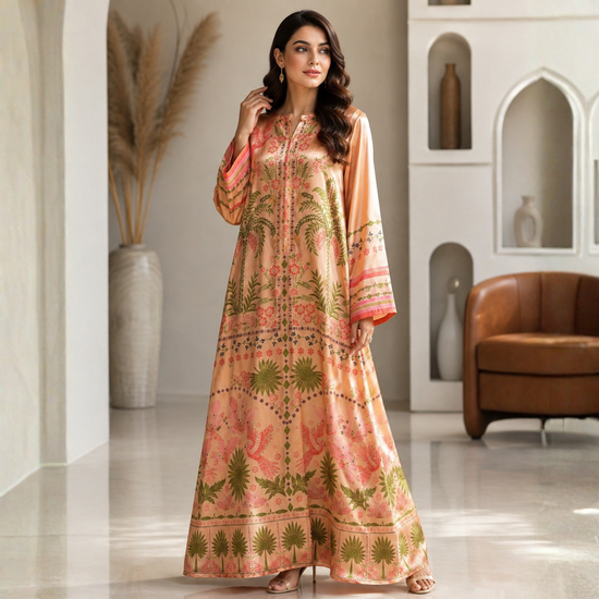 POPUS by MGM Textile – Peach Sunset Botanical Silk Kaftan Set