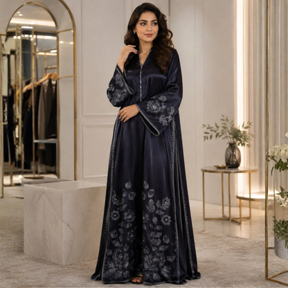 POPUS by MGM Textile – Midnight Navy Embroidered Silk Kaftan Set