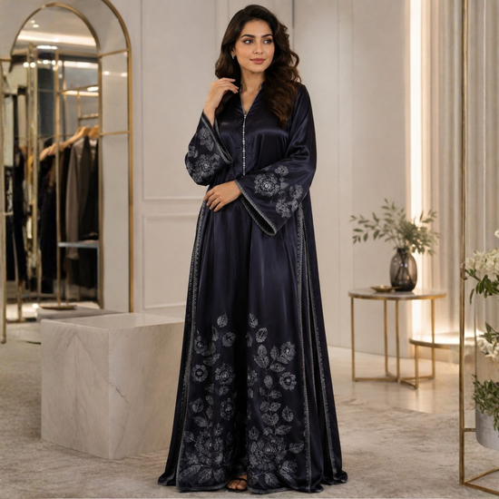 POPUS by MGM Textile – Midnight Navy Embroidered Silk Kaftan Set