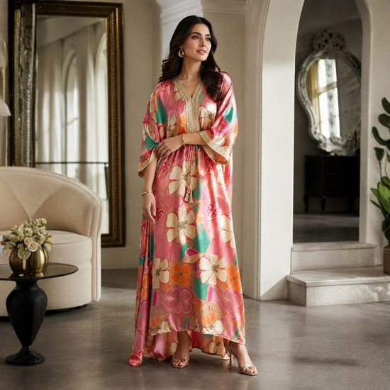 POPUS by MGM Textile – Blush Coral Floral Silk Kaftan Set