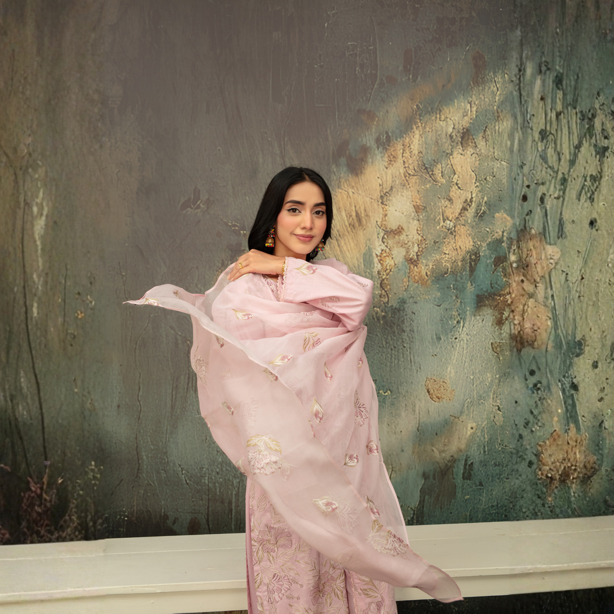 Popus Premium Embroidered Soft Karandi 3-Piece Unstitched Suit with Chiffon Dupatta