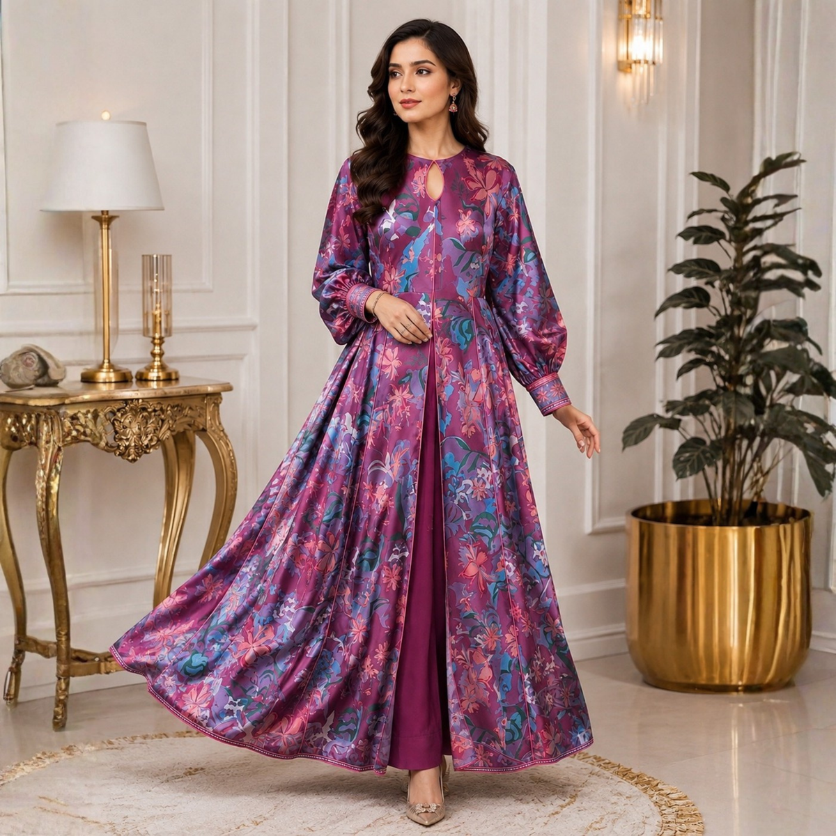 POPUS by MGM Textile – Plum Bloom Silk Kaftan Set