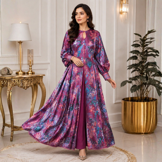 POPUS by MGM Textile – Plum Bloom Silk Kaftan Set