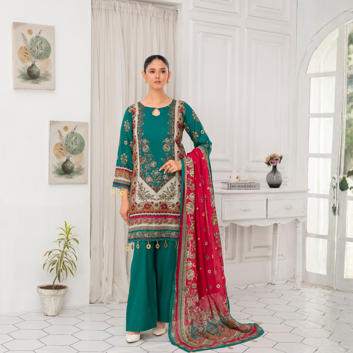 Popus by MGM Textiles – "Teal Crimson" Stitched 3-Piece Printed Lawn Suit