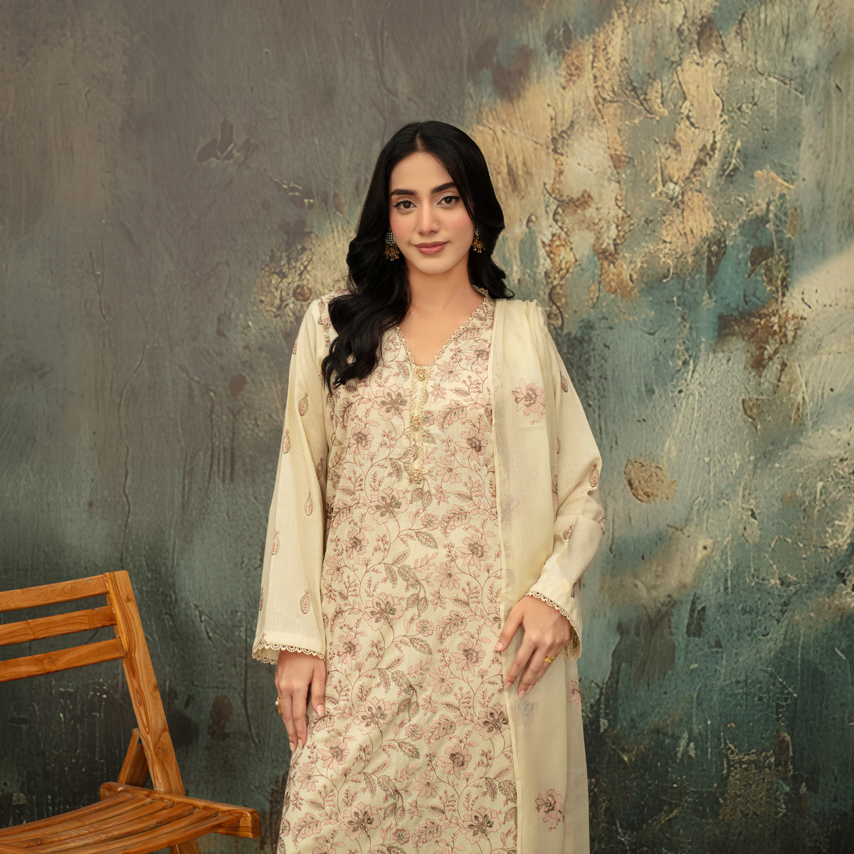 Popus Luxury Soft Karandi 3-Piece Unstitched Suit (Embroidered Shirt & Chiffon Dupatta)