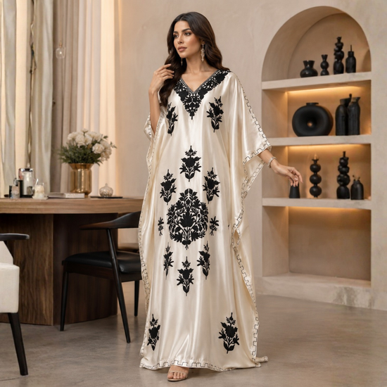 POPUS by MGM Textile – Ivory Onyx Embroidered Silk Kaftan Set