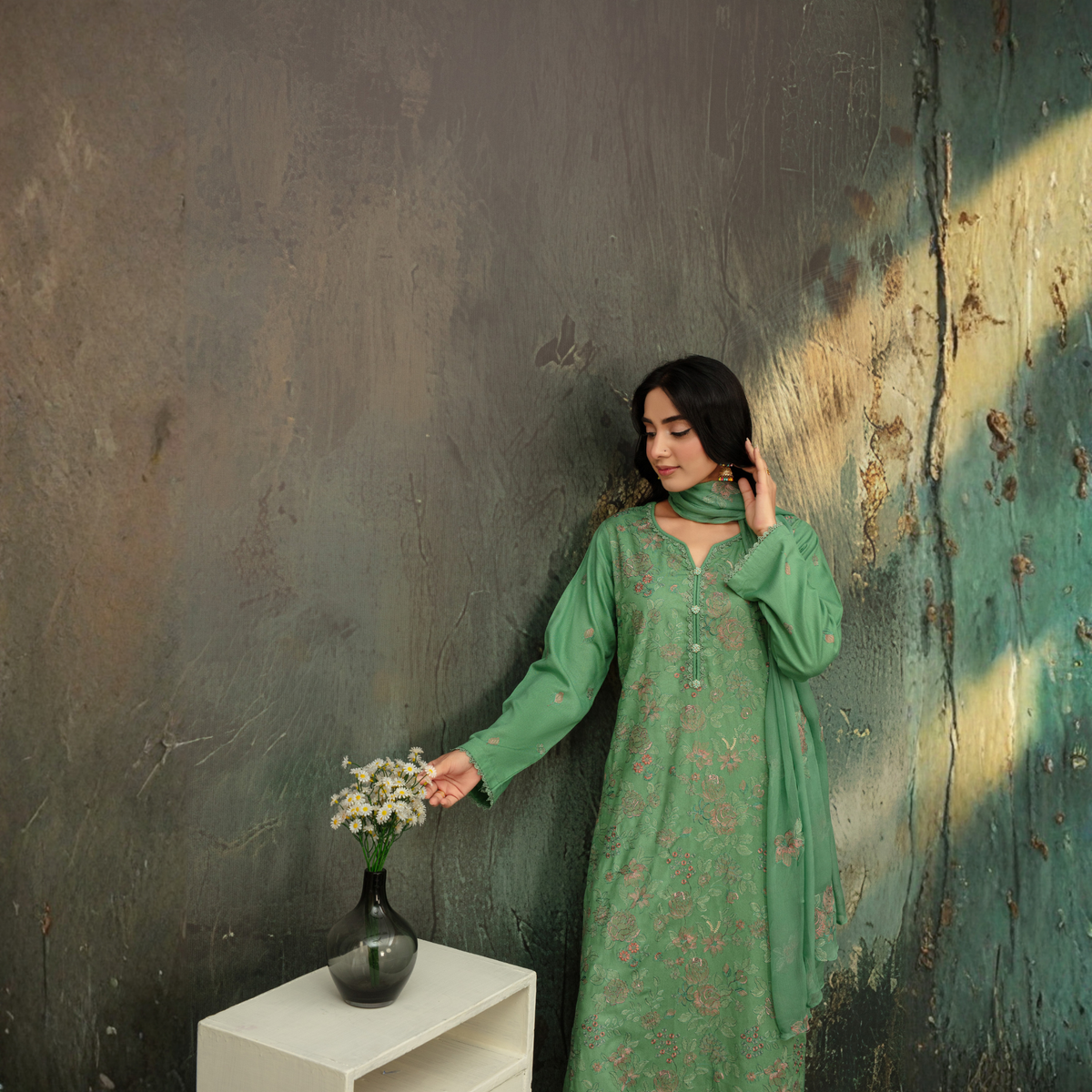 Popus Premium Embroidered Soft Karandi 3-Piece Unstitched Suit with Chiffon Dupatta