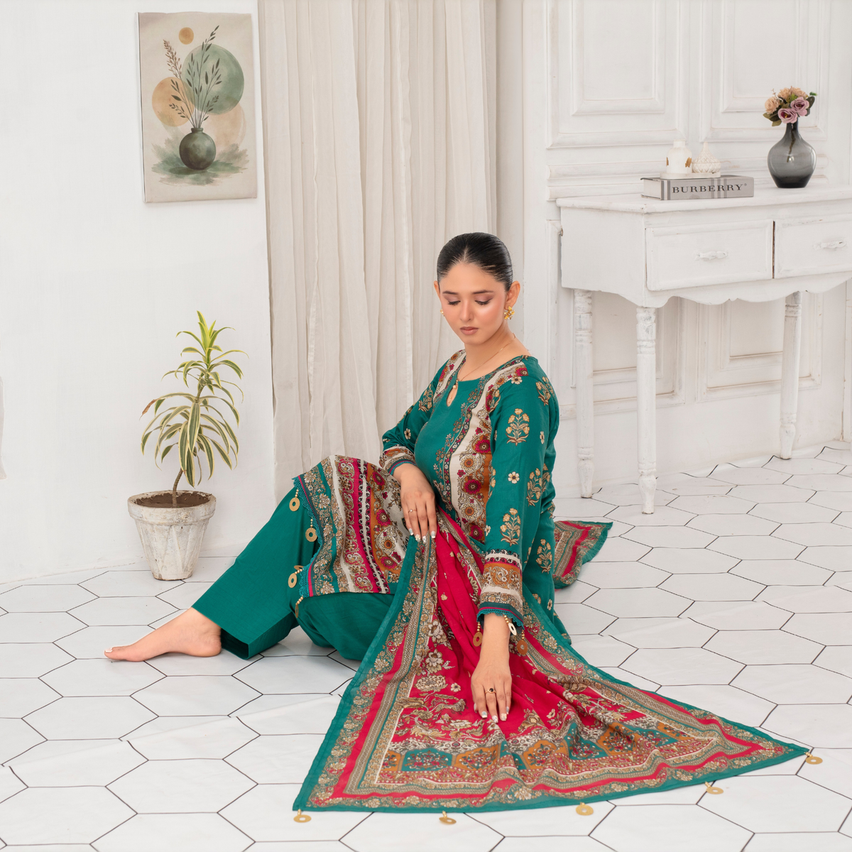 Popus by MGM Textiles – "Teal Crimson" Stitched 3-Piece Printed Lawn Suit