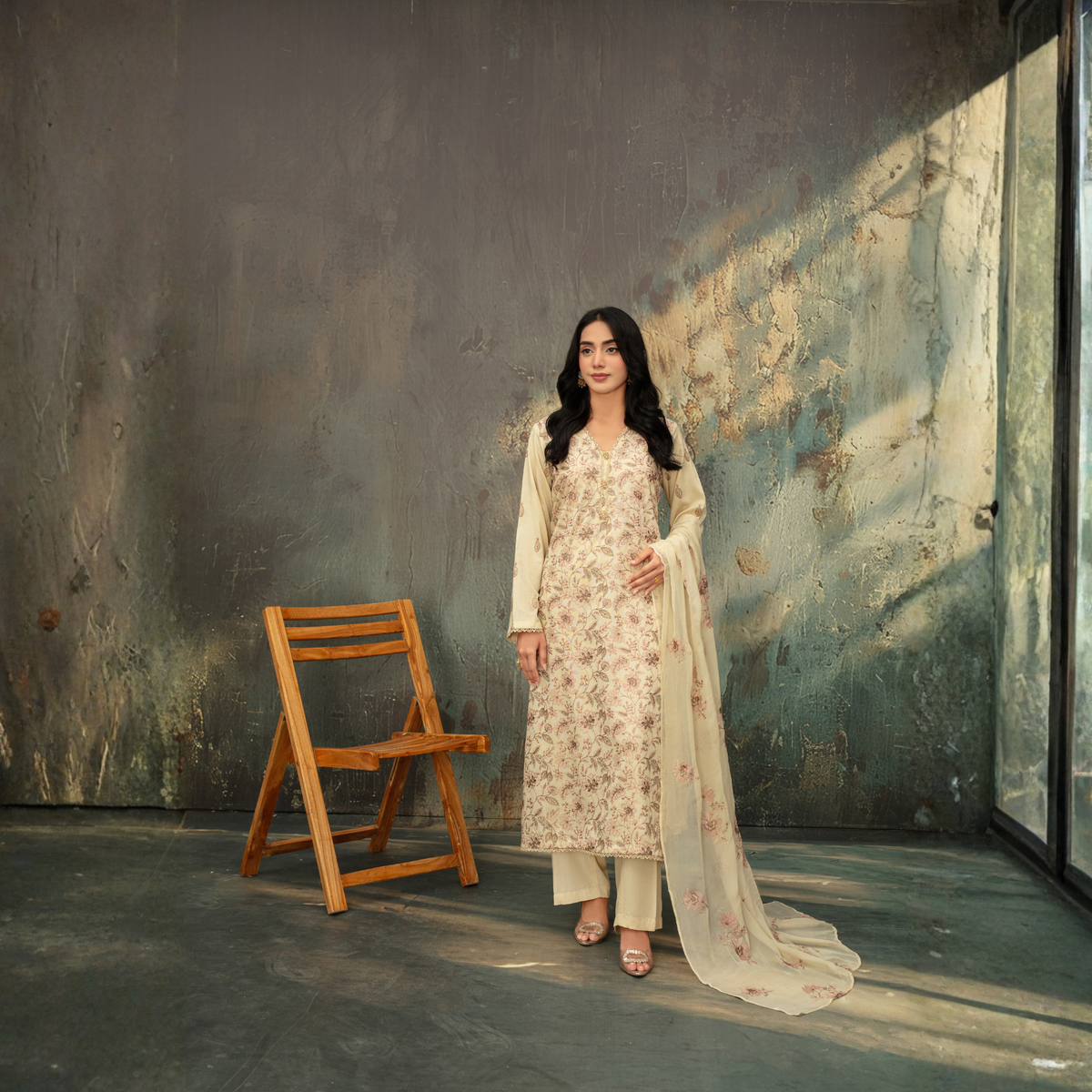 Popus Luxury Soft Karandi 3-Piece Unstitched Suit (Embroidered Shirt & Chiffon Dupatta)