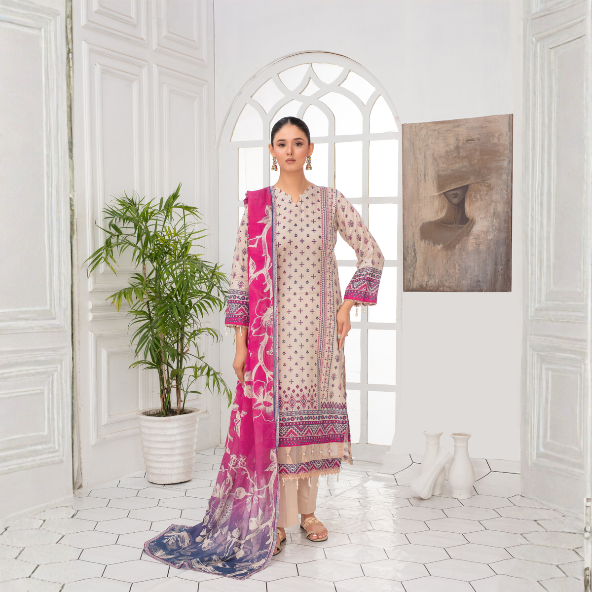 Popus by MGM Textiles – Magenta Bloom Stitched 3-Piece Printed Lawn Suit