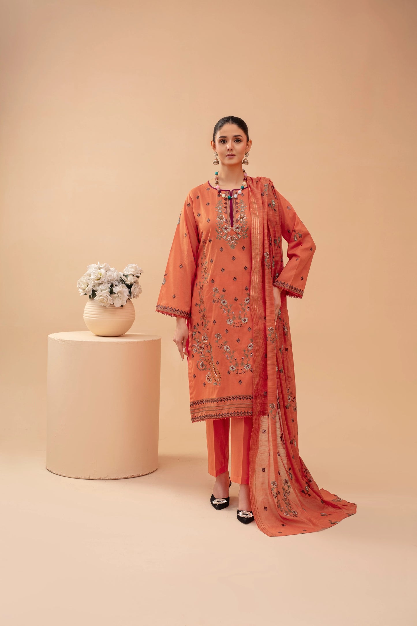 Popus Three Piece Embroidered Lawn Suit With Embroidered Fancy Dupata