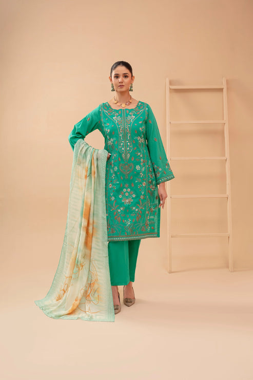 Popus Three Piece Embroidered Lawn Suit With Embroidered Fancy Dupata