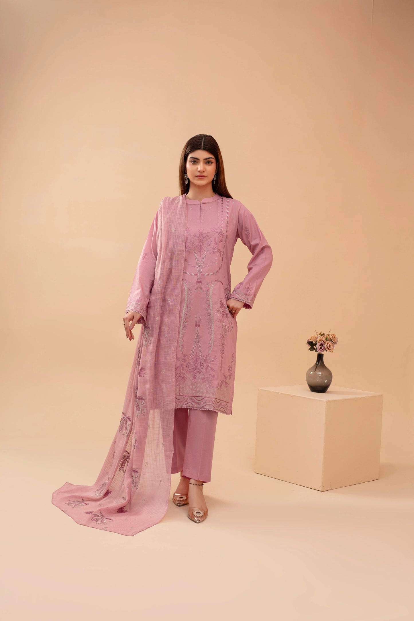 Popus Three Piece Embroidered Lawn Suit With Embroidered Fancy Dupata