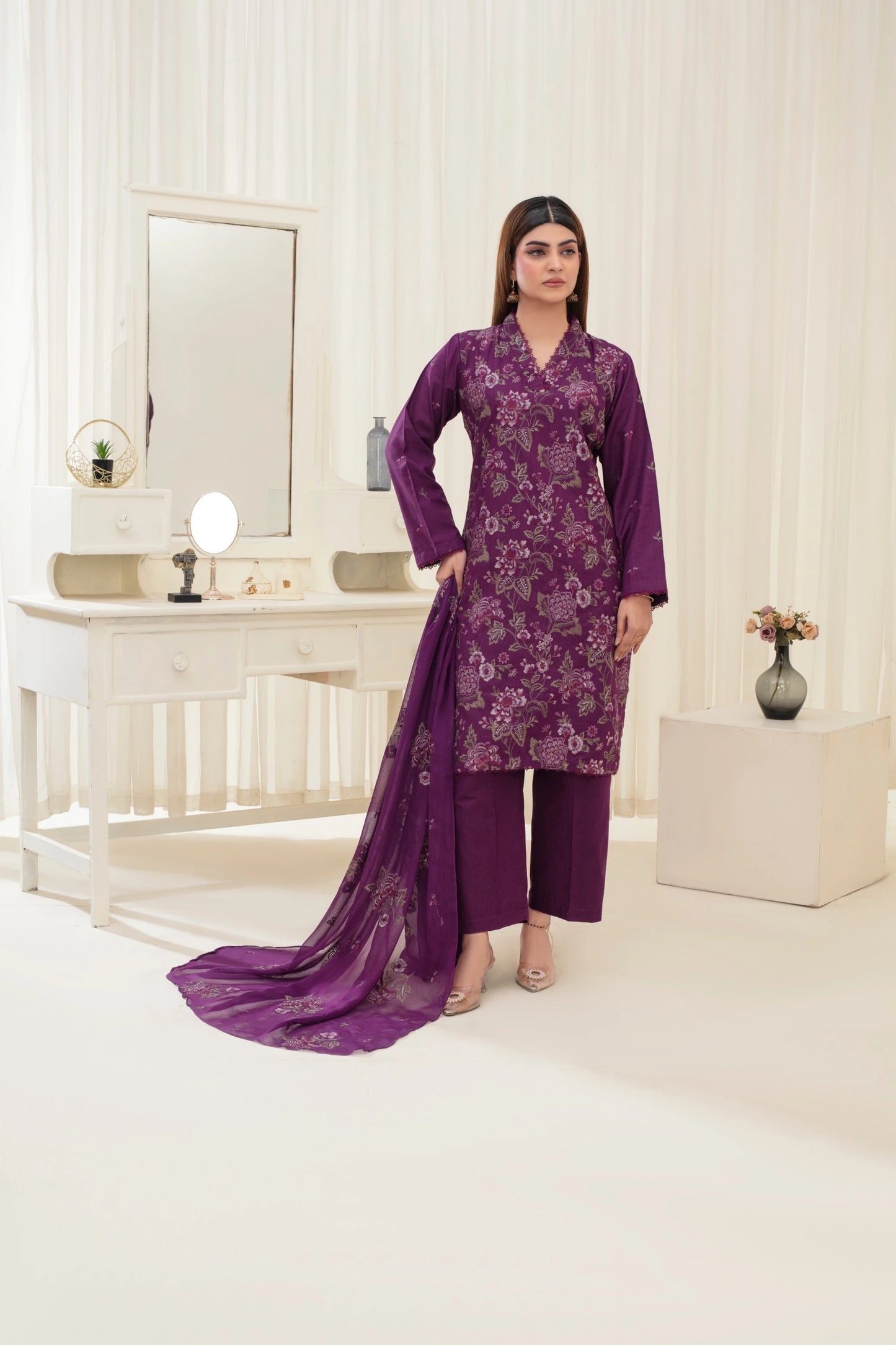 Popus Karandi By Karandi Embroidery Three Piece Suit With Embroidery Dupata