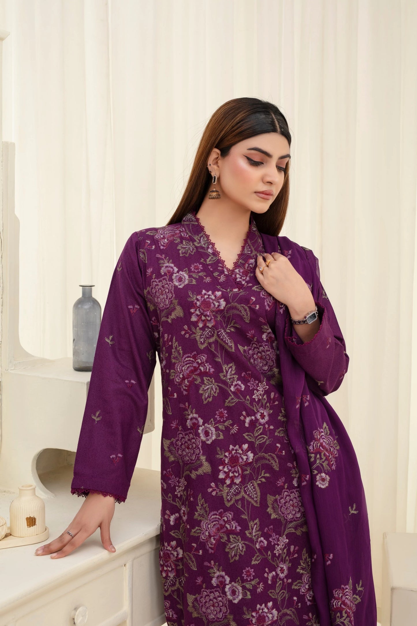 Popus Karandi By Karandi Embroidery Three Piece Suit With Embroidery Dupata