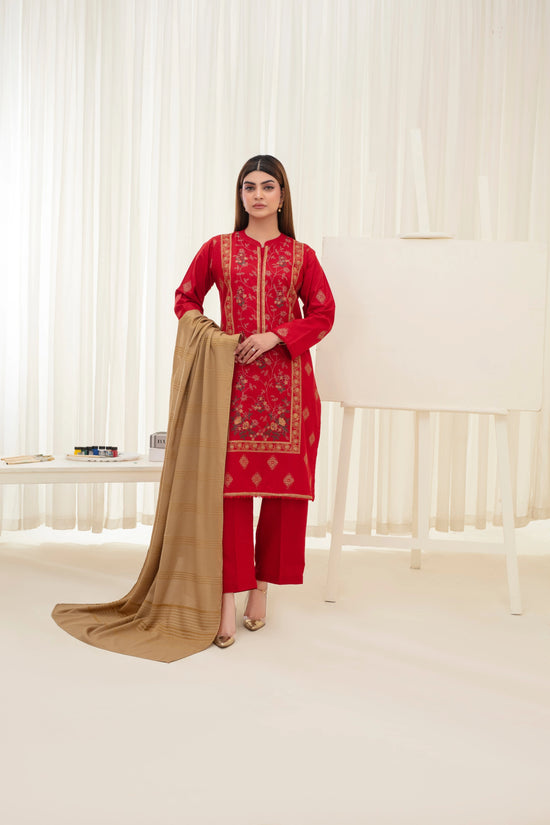 Popus Karandi By Karandi Embroidery Three Piece Suit With Soft Velvet Shawl