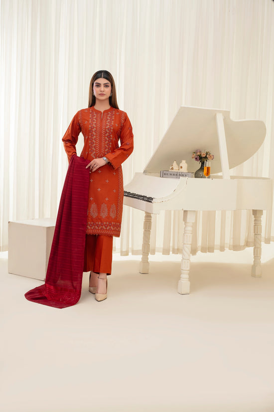 Popus Karandi By Karandi Embroidery Three Piece Suit With Soft Velvet Shawl
