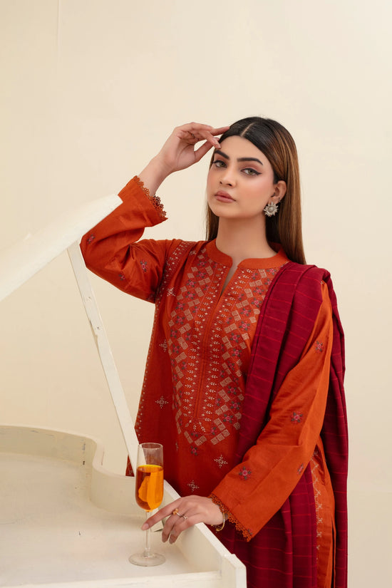 Popus Karandi By Karandi Embroidery Three Piece Suit With Soft Velvet Shawl