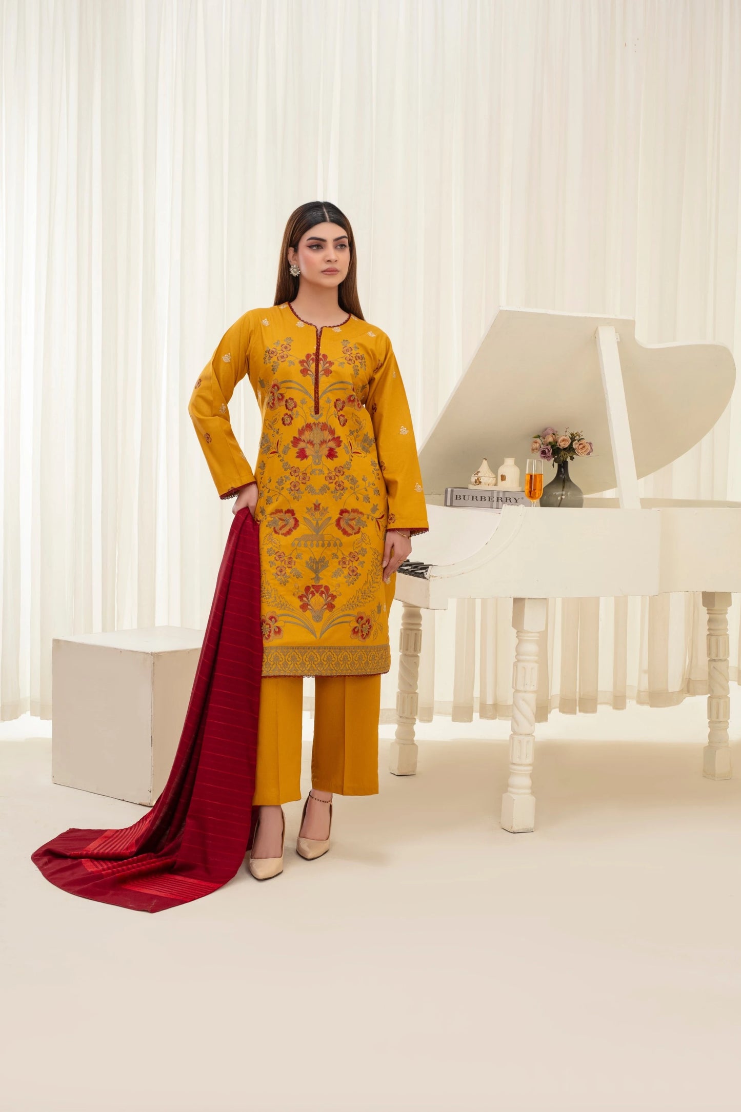 Popus Karandi By Karandi Embroidery Three Piece Suit With Soft Velvet Shawl
