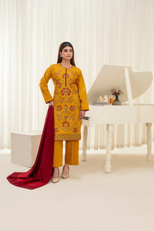 Popus Karandi By Karandi Embroidery Three Piece Suit With Soft Velvet Shawl