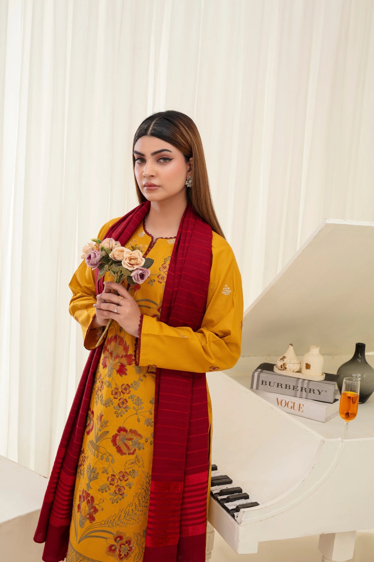 Popus Karandi By Karandi Embroidery Three Piece Suit With Soft Velvet Shawl