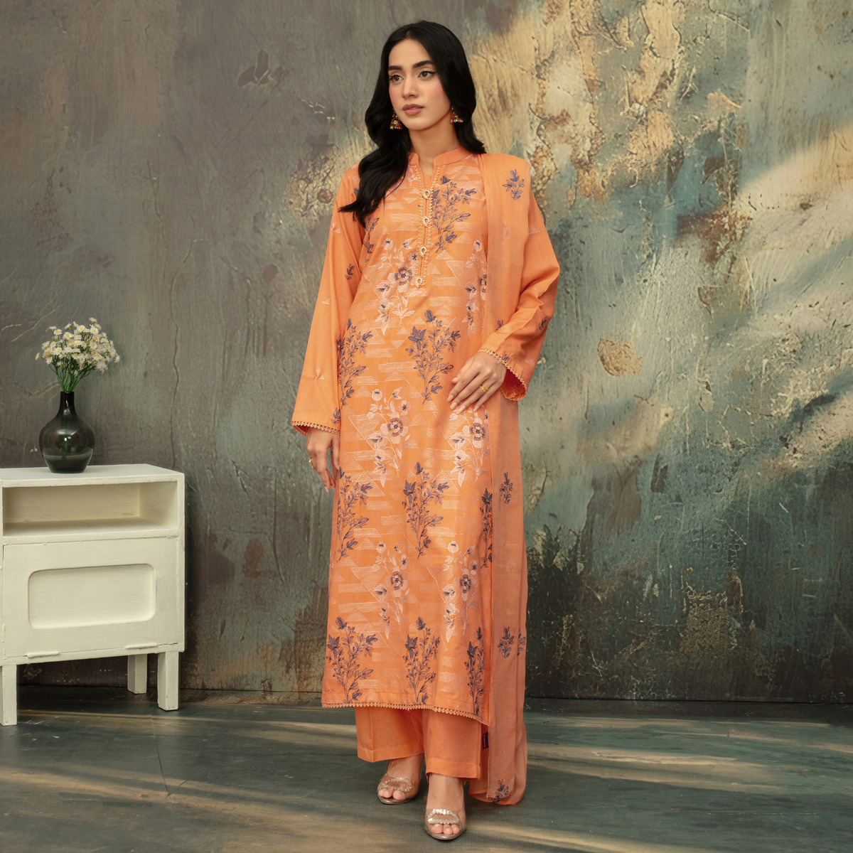 Popus Luxury Soft Karandi 3-Piece Unstitched Suit (Embroidered Shirt & Chiffon Dupatta)
