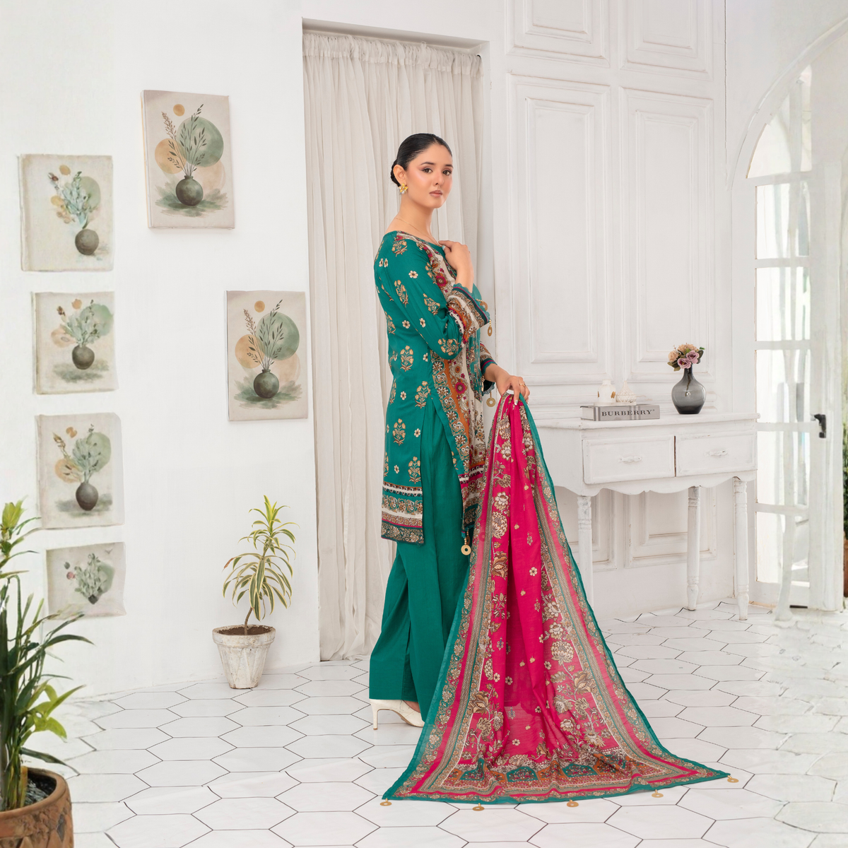Popus by MGM Textiles – "Teal Crimson" Stitched 3-Piece Printed Lawn Suit