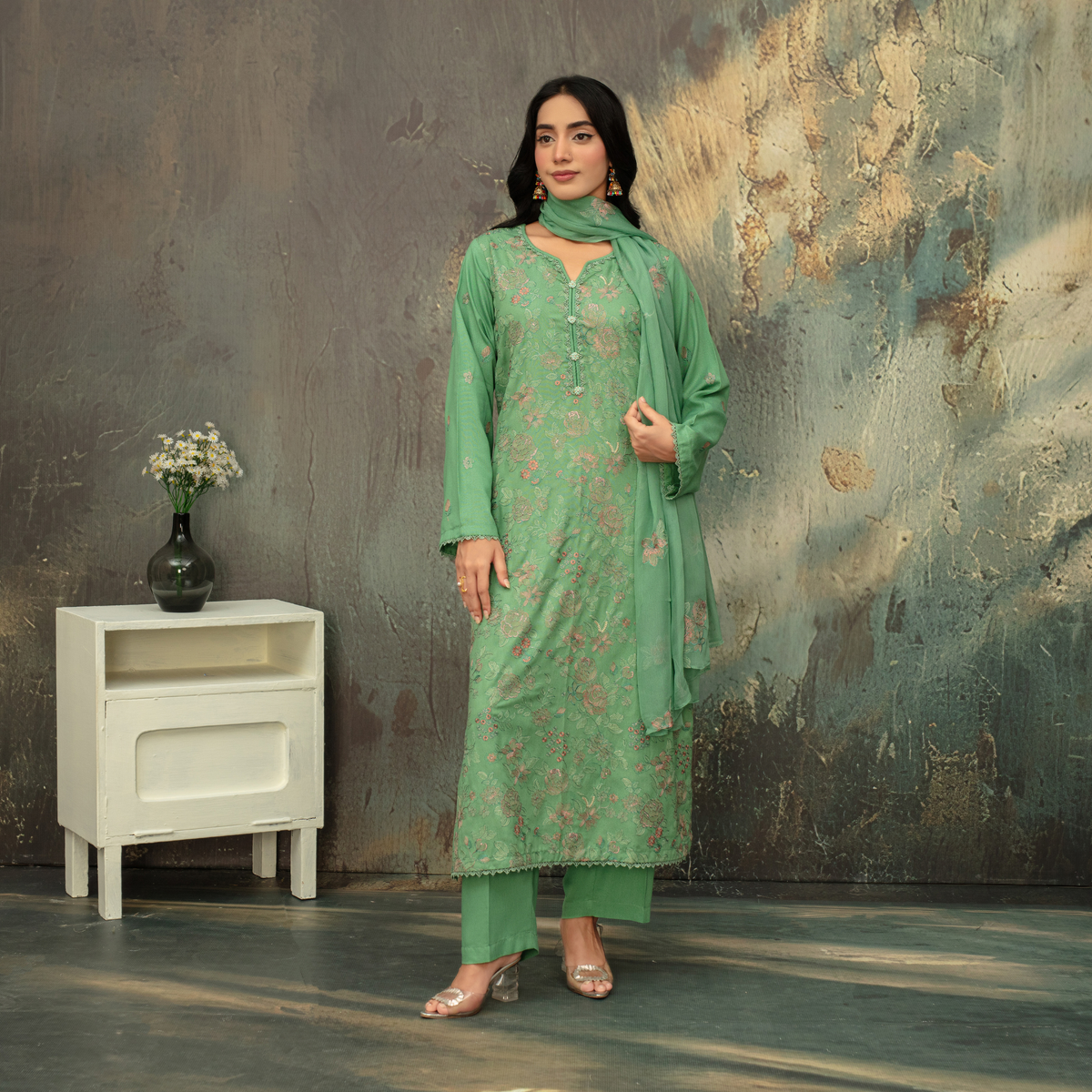 Popus Premium Embroidered Soft Karandi 3-Piece Unstitched Suit with Chiffon Dupatta