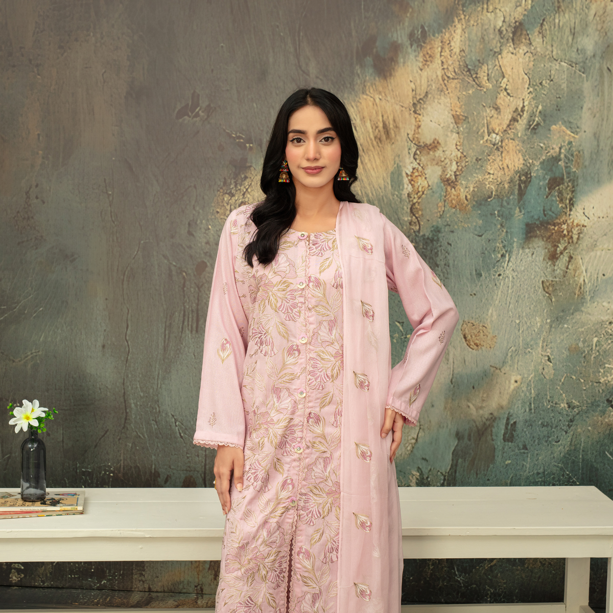 Popus Premium Embroidered Soft Karandi 3-Piece Unstitched Suit with Chiffon Dupatta