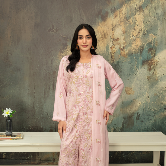 Popus Premium Embroidered Soft Karandi 3-Piece Unstitched Suit with Chiffon Dupatta