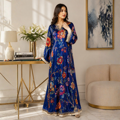 POPUS by MGM Textile – Royal Blue Floral Silk Kaftan Set