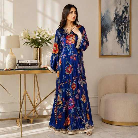 POPUS by MGM Textile – Royal Blue Floral Silk Kaftan Set