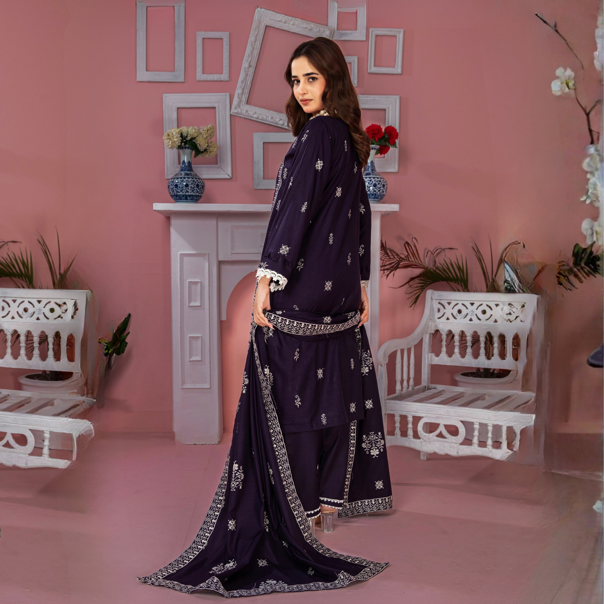 POPUS Embroidered Danak Suit with Shawl