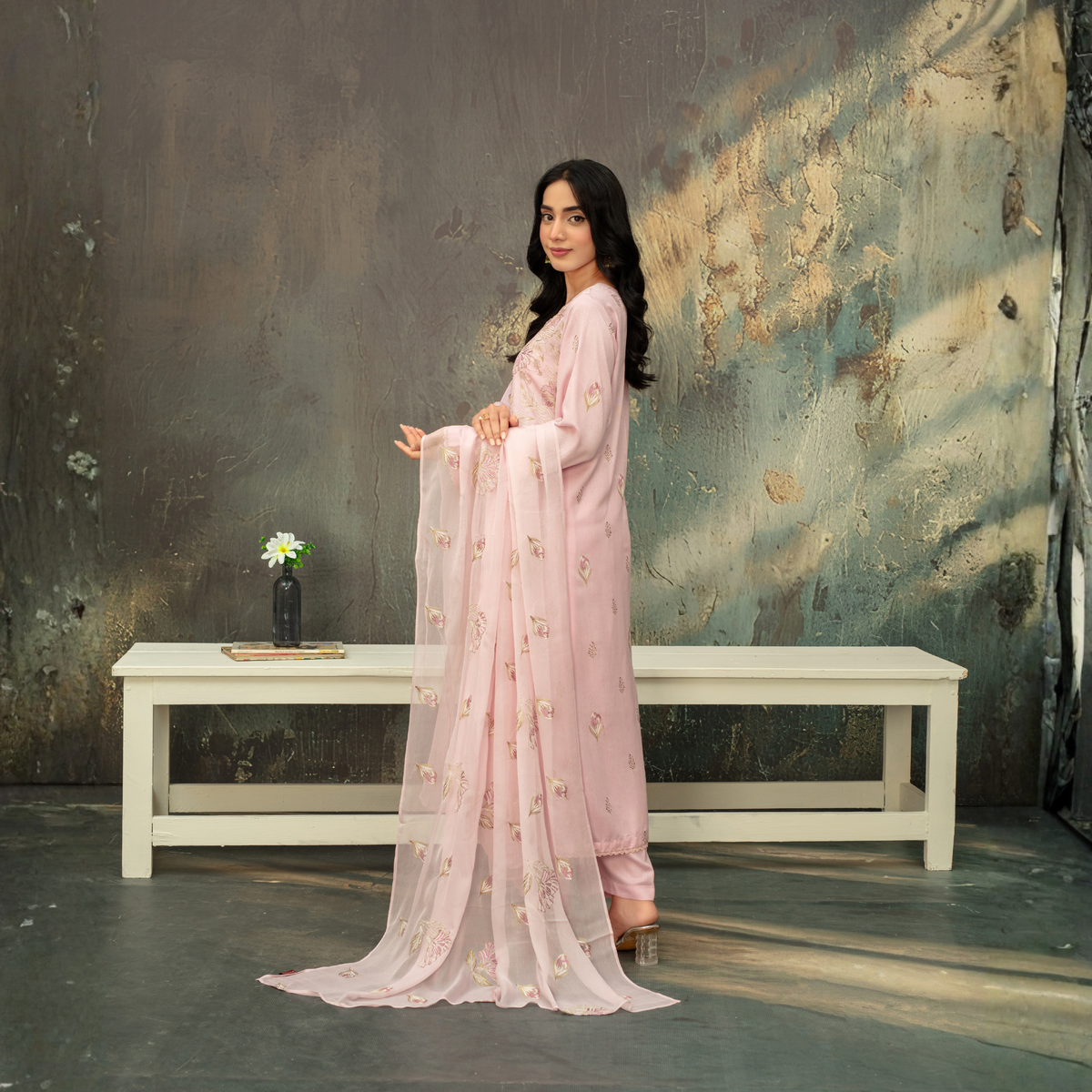 Popus Premium Embroidered Soft Karandi 3-Piece Unstitched Suit with Chiffon Dupatta