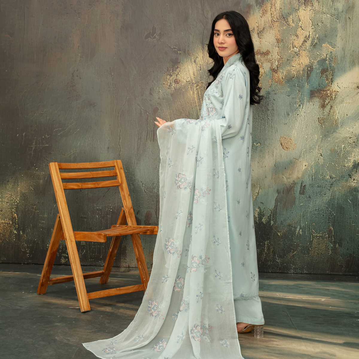 Popus Premium Embroidered Soft Karandi 3-Piece Unstitched Suit with Chiffon Dupatta