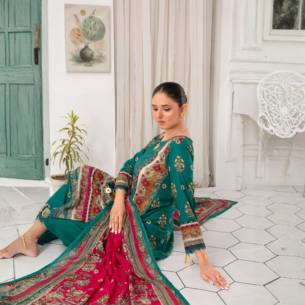 Popus by MGM Textiles – "Teal Crimson" Stitched 3-Piece Printed Lawn Suit