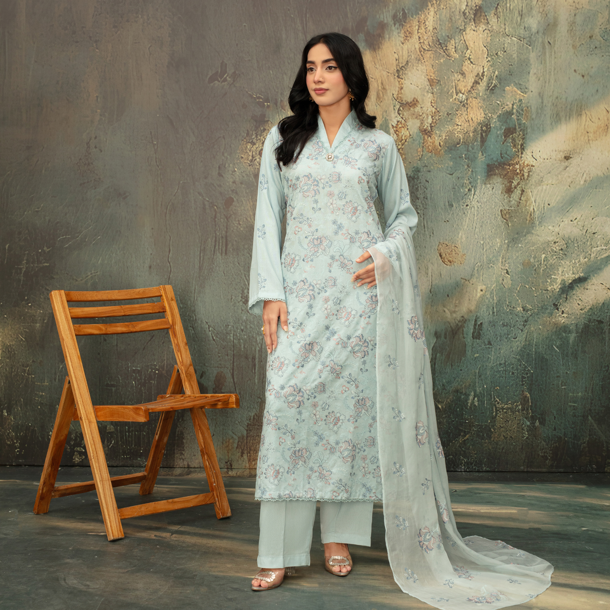 Popus Premium Embroidered Soft Karandi 3-Piece Unstitched Suit with Chiffon Dupatta