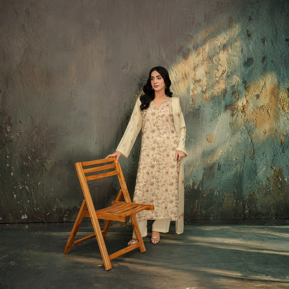 Popus Luxury Soft Karandi 3-Piece Unstitched Suit (Embroidered Shirt & Chiffon Dupatta)