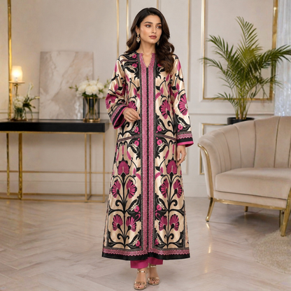 POPUS by MGM Textile – Champagne & Magenta Lotus Silk Kaftan Set