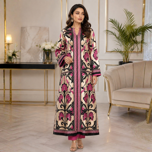 POPUS by MGM Textile – Champagne & Magenta Lotus Silk Kaftan Set