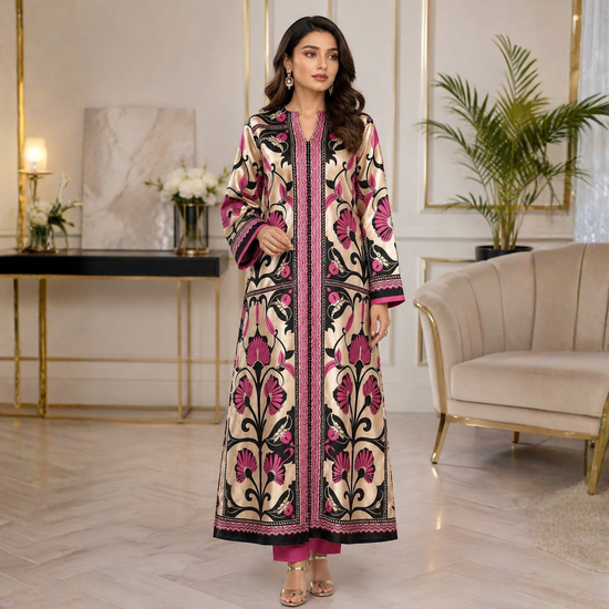POPUS by MGM Textile – Champagne & Magenta Lotus Silk Kaftan Set