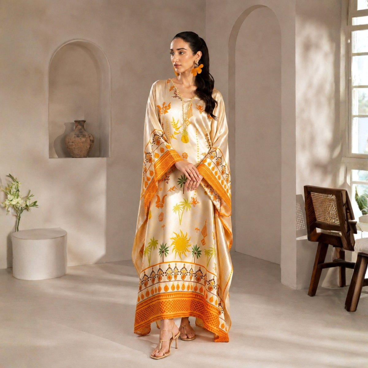 POPUS by MGM Textile – Saffron Sun Printed Silk Kaftan 2-Piece