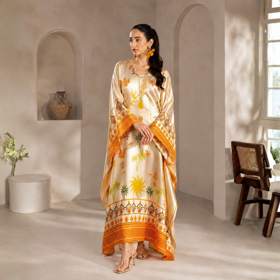 POPUS by MGM Textile – Saffron Sun Printed Silk Kaftan 2-Piece