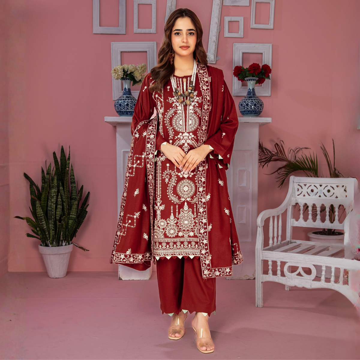 POPUS Embroidered Danak Suit with Shawl
