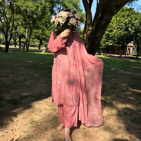 Blush Petals Embroidered  3 Pc Suit By Popus