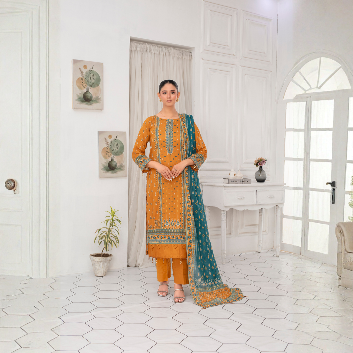 Popus by MGM Textiles – "Mustard Teal" Stitched 3-Piece Printed Lawn Suit
