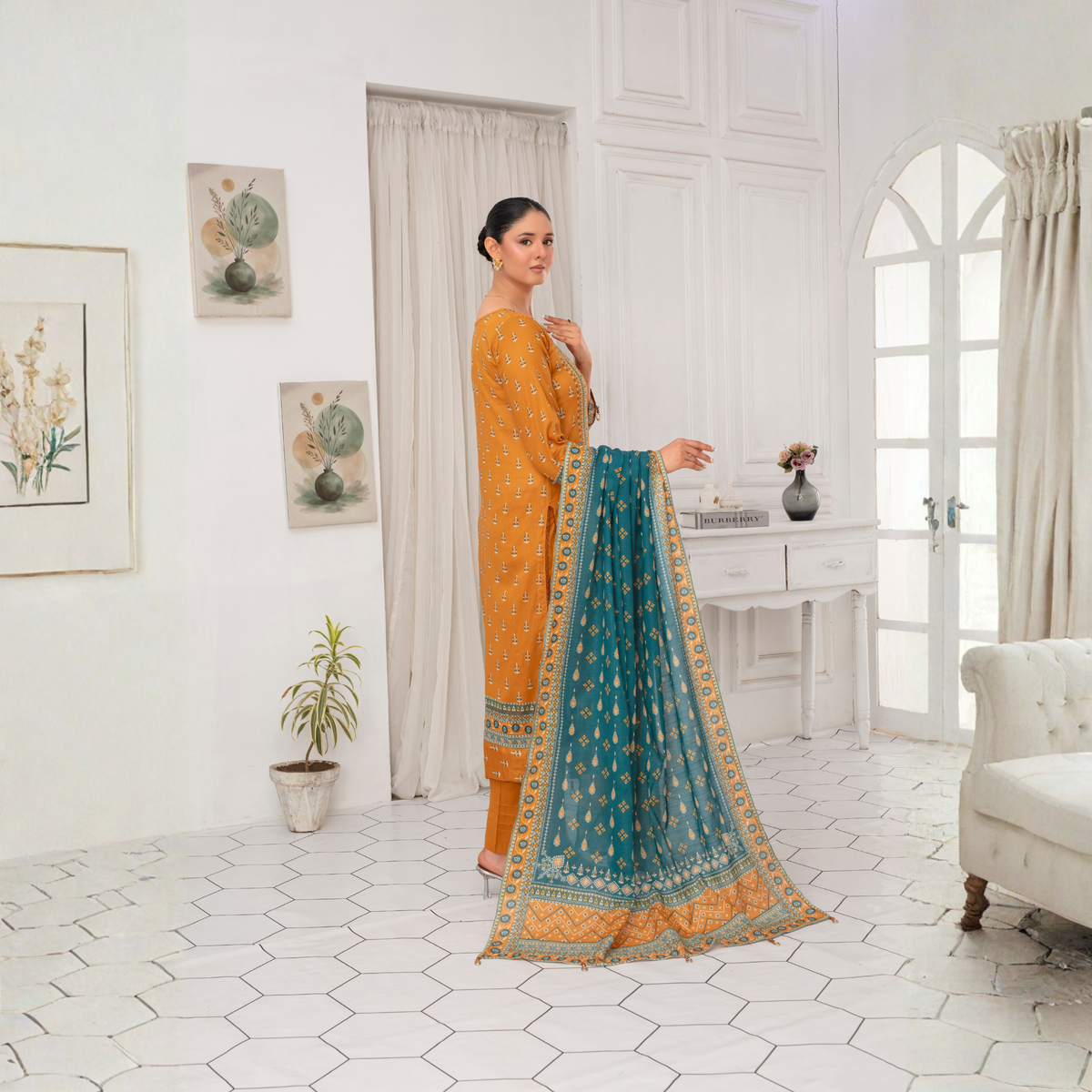Popus by MGM Textiles – "Mustard Teal" Stitched 3-Piece Printed Lawn Suit