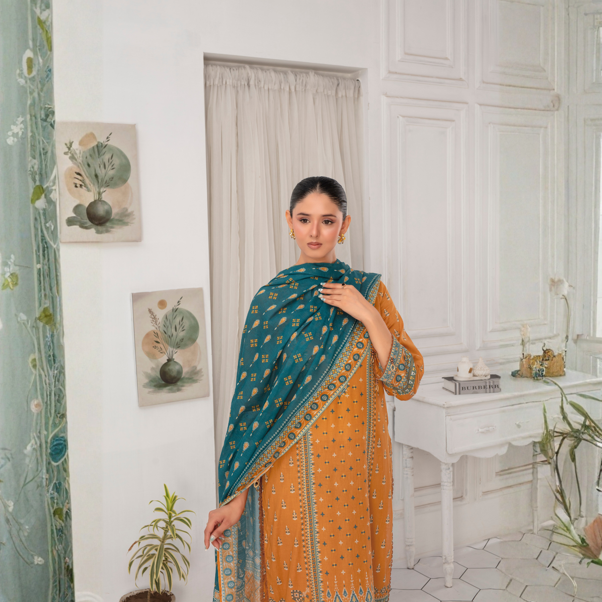 Popus by MGM Textiles – "Mustard Teal" Stitched 3-Piece Printed Lawn Suit