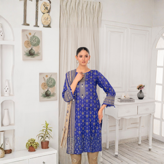 Popus by MGM Textiles – "Cobalt Opulence" Stitched 3-Piece Printed Lawn Suit